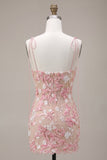 Pink Corset Sheath Spaghetti Straps Short Homecoming Dress with Appliques