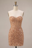 Champagne Bodycon Pearl Corset Strapless Beaded Short Homecoming Dress