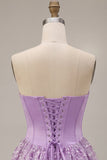 Lilac Corset Sequins Appliques Satin A-Line Strapless Short Homecoming Dress