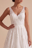White Floral A-Line V-Neck Embroidered Long Wedding Dress