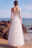 White A-Line One Shoulder Tulle Appliqued Long Wedding Dress