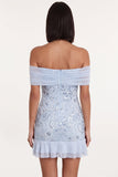 Sky Blue Off the Shoulder Sequins Ruffle Tulle Sheath Cocktail Dress