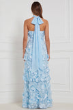 Light Blue Strapless A-Line Tiered 3D Flower Long Bridesmaid Dress