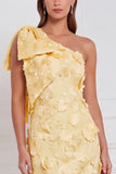 Daffodil Sheath One Shoulder Floral Appliqued Long Bridesmaid Dress with Bow