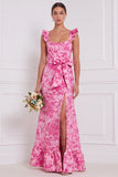 Dusty Blue Floral Mermaid Sweetheart Long Bridesmaid Dress with Bow
