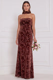 Espresso Burnout Velvet Strapless Sheath Long Bridesmaid Dress with Neck Scarf