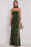 Espresso Burnout Velvet Strapless Sheath Long Bridesmaid Dress with Neck Scarf