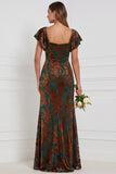 Brown Burnout Velvet Sheath Square Neck Flutter Sleeves Long Bridesmaid Dress with Side Slit