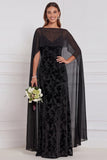 Black Burnout Velvet Sheath V-Neck Long Bridesmaid Dress with Cape
