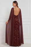 Black Burnout Velvet Sheath V-Neck Long Bridesmaid Dress with Cape