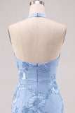 Daffodil Tight Halter Ruched Short Homecoming Dress with Floral Embroidery