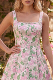 A-Line Floral Brocade Pearl Straps Short Homecoming Dress with Big Back Bow
