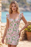 Floral Pink Jacquard Flutter Sleeves Bodycon Mini Homecoming Dress