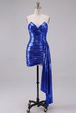 Royal Blue Metallic Ruched Strapless Short Homecoming Dress with Side Cascade