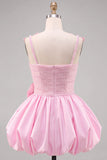 Pink A-Line Pearl 3D Flower Ruffle Hem Short Homecoming Dress with Bow