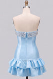 Pink Beaded Pearl Strapless A-Line Tiered Short Homecoming Dress with Ruffles