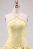 Butter Yellow Floral Jacquard Halter Short Homecoming Dress with Pearl Embellishments