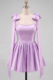 Butter Yellow A-Line Satin Pearl Trim Mini Homecoming Dress with Bow Tie Shoulder Straps