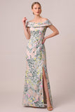 Off the Shoulder Green Floral Jacquard Sheath Long Mother of the Bride Dress with Slit