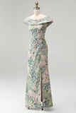 Off the Shoulder Green Floral Jacquard Sheath Long Mother of the Bride Dress with Slit
