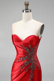 Strapless Mermaid Ruched Sweep Train Satin Red Prom Dress with Slit