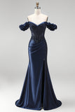 Navy Off the Shoulder Corset Satin Appliques Beaded Long Ball Dress with Slit