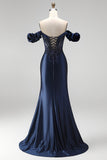 Navy Off the Shoulder Corset Satin Appliques Beaded Long Ball Dress with Slit