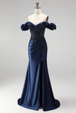 Navy Off the Shoulder Corset Satin Appliques Beaded Long Ball Dress with Slit