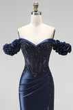 Navy Off the Shoulder Corset Satin Appliques Beaded Long Ball Dress with Slit