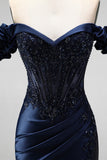 Navy Off the Shoulder Corset Satin Appliques Beaded Long Ball Dress with Slit