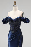 Navy Off the Shoulder Corset Satin Appliques Beaded Long Ball Dress with Slit