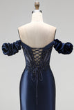 Navy Off the Shoulder Corset Satin Appliques Beaded Long Ball Dress with Slit