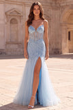 Light Blue Sequins Corset Mermaid Sheer Tulle Beaded Strapless Long Ball Dress with Slit