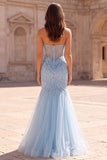 Light Blue Sequins Corset Mermaid Sheer Tulle Beaded Strapless Long Ball Dress with Slit