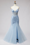 Light Blue Sequins Corset Mermaid Sheer Tulle Beaded Strapless Long Ball Dress with Slit