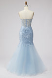 Light Blue Sequins Corset Mermaid Sheer Tulle Beaded Strapless Long Ball Dress with Slit