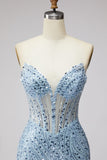 Light Blue Sequins Corset Mermaid Sheer Tulle Beaded Strapless Long Ball Dress with Slit