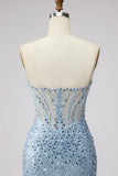 Light Blue Sequins Corset Mermaid Sheer Tulle Beaded Strapless Long Ball Dress with Slit