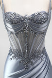 Dusty Blue Corset Mermaid Rhinestones Satin Ruched Long Prom Dress with Side Slit