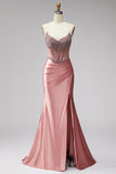 Mermaid Corset Satin Ruched Strapless Pink Ball Dress with Slit