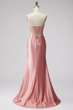 Mermaid Corset Satin Ruched Strapless Pink Ball Dress with Slit