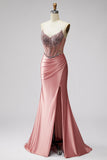 Mermaid Corset Satin Ruched Strapless Pink Ball Dress with Slit
