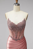 Mermaid Corset Satin Ruched Strapless Pink Ball Dress with Slit