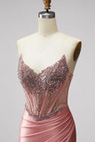 Mermaid Corset Satin Ruched Strapless Pink Ball Dress with Slit