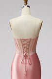 Mermaid Corset Satin Ruched Strapless Pink Ball Dress with Slit