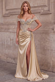 Champagne Mermaid Corset Rhinestone Satin Ruched Long Ball Dress with Slit