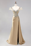 Champagne Mermaid Corset Rhinestone Satin Ruched Long Ball Dress with Slit