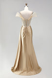 Champagne Mermaid Corset Rhinestone Satin Ruched Long Ball Dress with Slit