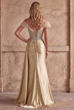 Champagne Mermaid Corset Rhinestone Satin Ruched Long Ball Dress with Slit