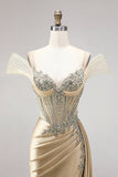Champagne Mermaid Corset Rhinestone Satin Ruched Long Ball Dress with Slit